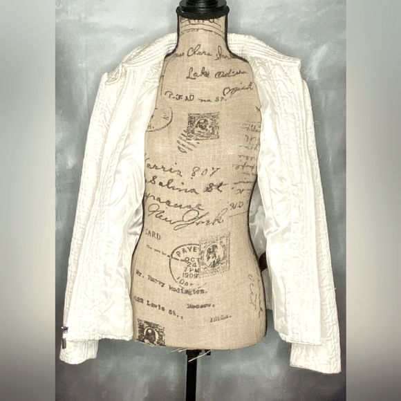 RARE Vintage 80's Weather Tamer Cream/Ivory Collar Zip up Quilted Jacket Belted - Picture 6 of 16